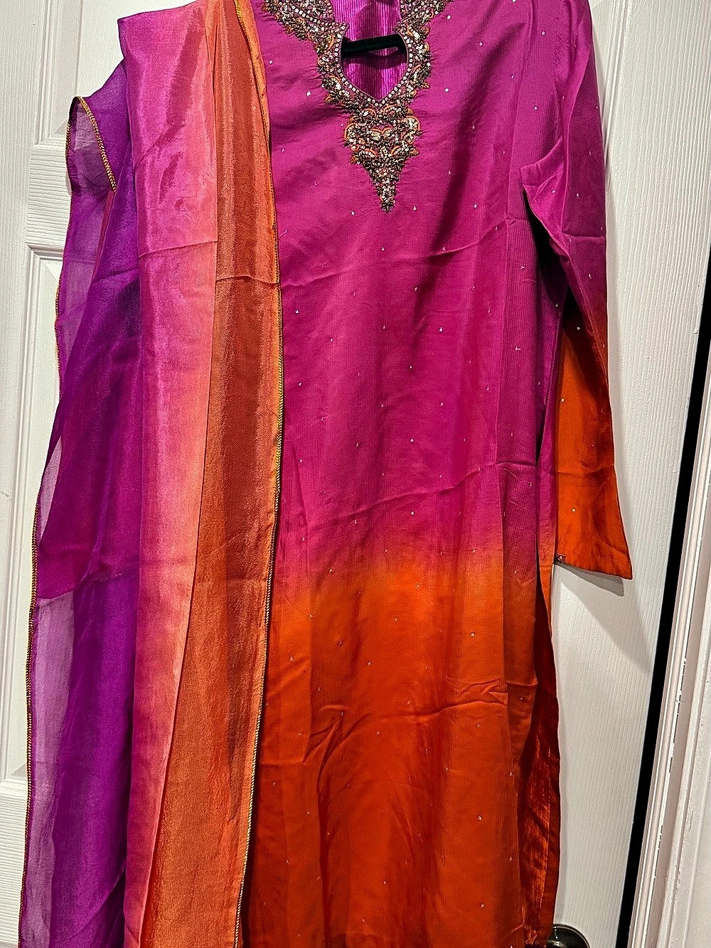 Pakistani Ombré two tone Embroidered Magenta and Rust outfit with two tone dupat